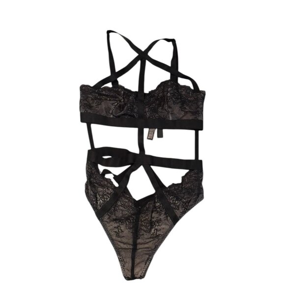 Victoria’s Secret Black Lace Strappy Bodysuit Size Small | Sheer Mesh Cutout Lin - Picture 1 of 5